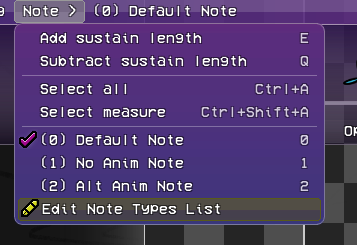 Image showing the menu for selecting the note type